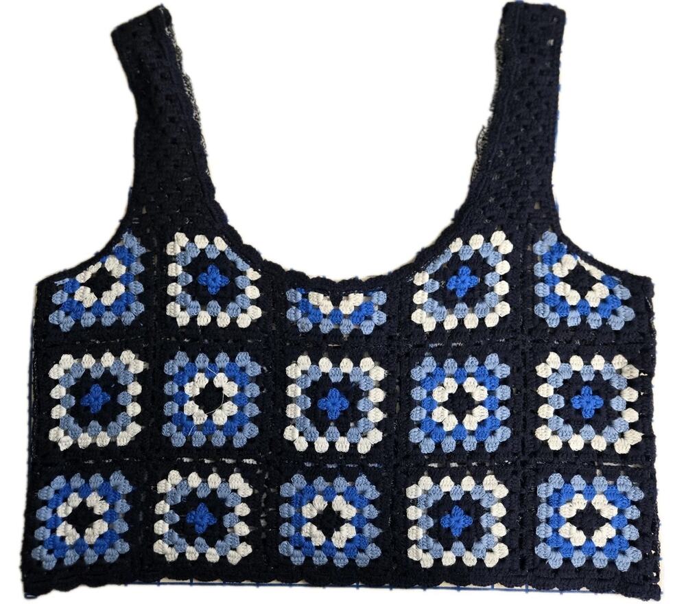 Sincerely Jules Sz L Blue Granny Squares Crochet Cropped Top NWT BOHO HIPPIE